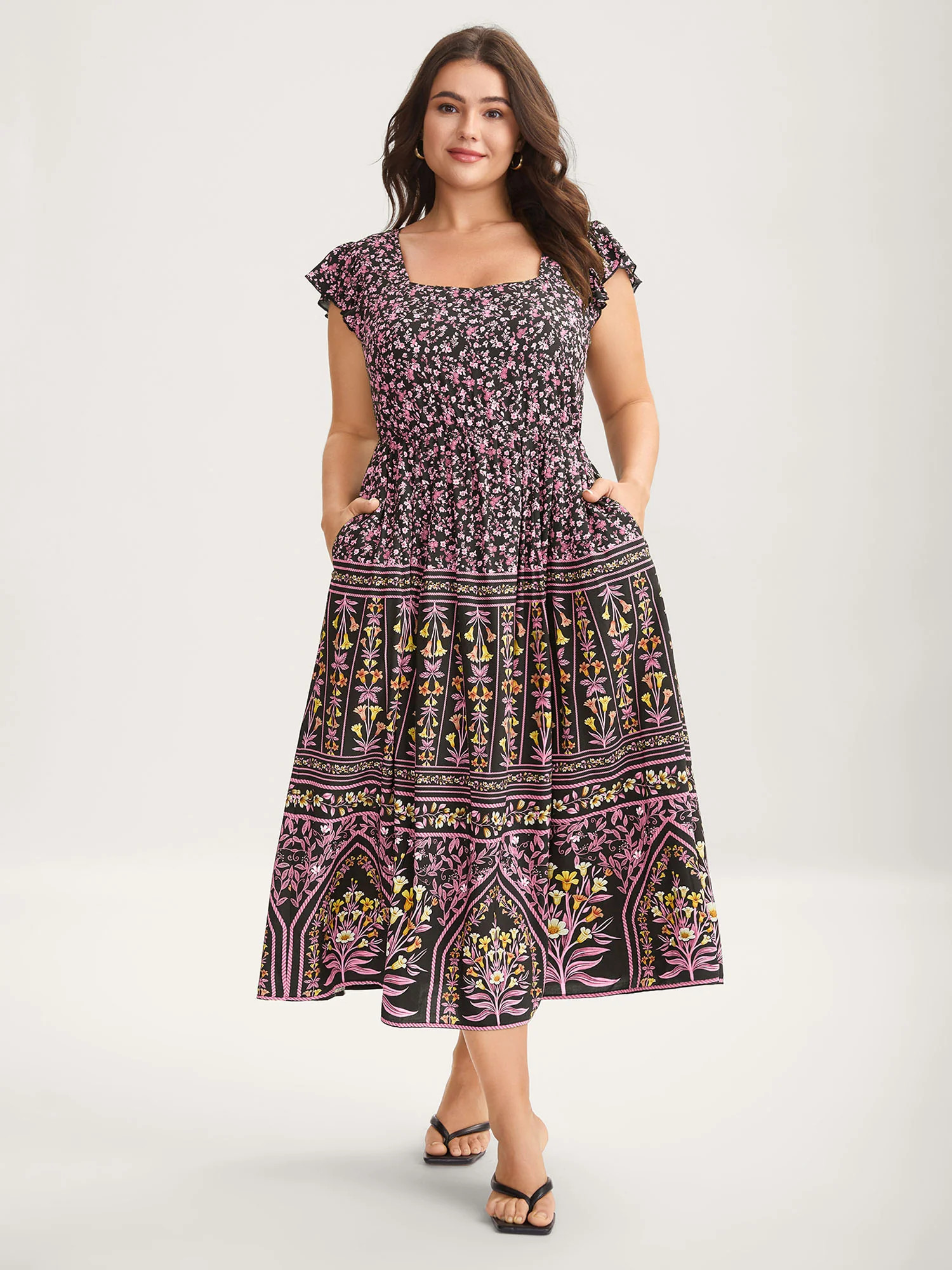 Rayon Garden Fresh Ruffled Sleeve Midi Dress | Bloomchic