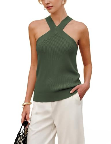 Springrain Womens Summer Cross Over Halter Knit Tank Tops Casual Sleeveless V Neck Solid Pullover | Amazon (US)