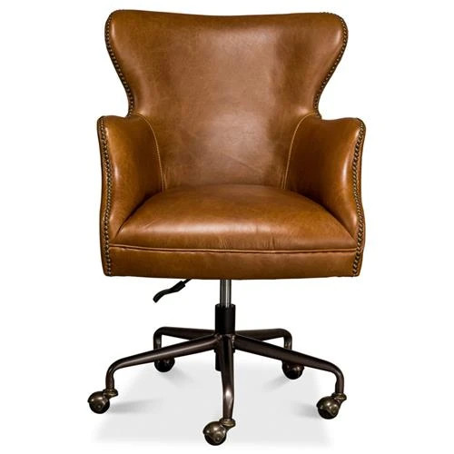 Alexander Light Brown Upholstered Leather Metal Base Nailhead Trim Swivel Office Chair | Kathy Kuo Home