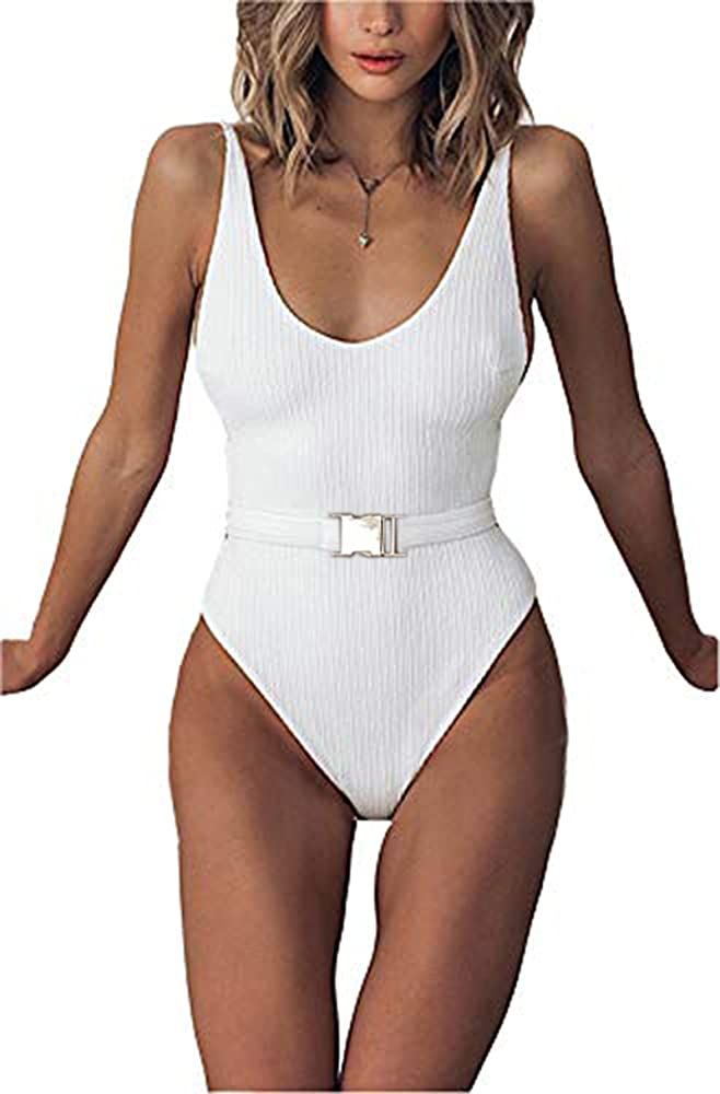 FEIYOUNG Sexy Womens Monokini Scoop Neck One Piece Backless Cheeky Swimwear Semi Thong Bikini with B | Amazon (US)