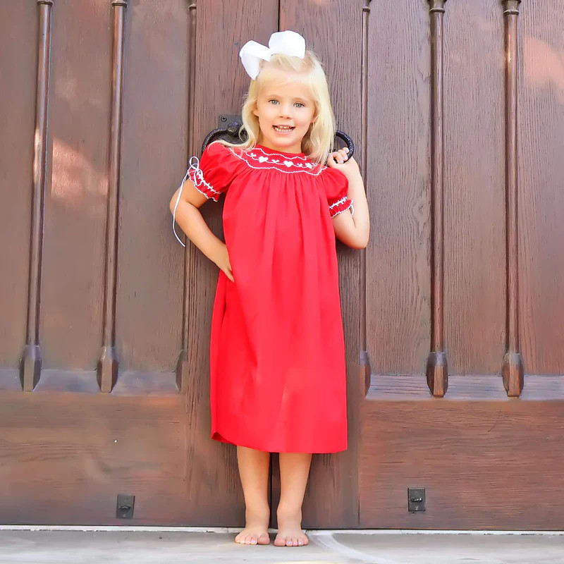 Heart Smocked Red Pique Bishop Dress | Classic Whimsy