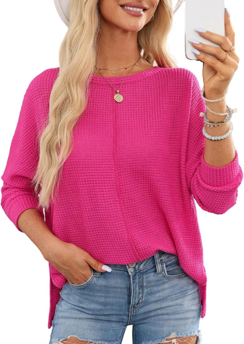 Dokotoo Womens 2024 Winter Outfits Crewneck Batwing Long Sleeve Shirts Waffle Knit Pullover Sweat... | Amazon (US)