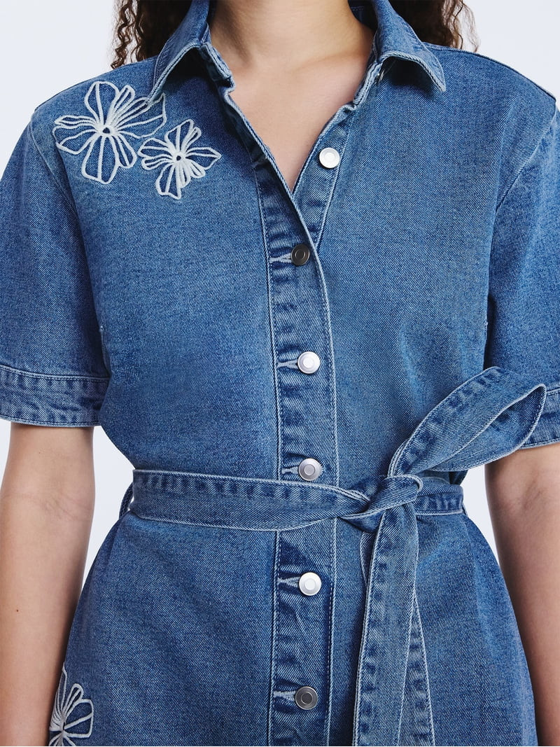 Free Assembly Women's and Women's Plus Embroidered Denim Mini Shirtdress with Belt, Sizes XS-4X | Walmart (US)
