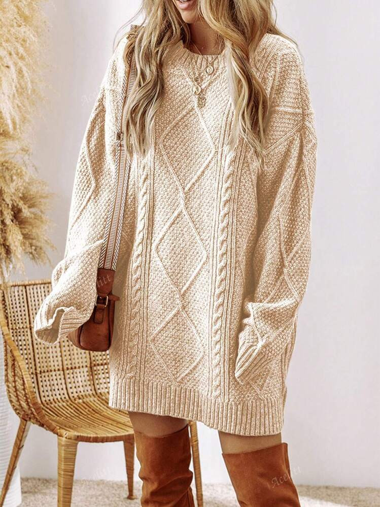 Acelitt Oversized Apricot Solid Color Knitted Textured Pattern Dropped Shoulder Sweater Dress For Women, Autumn/Winter | SHEIN