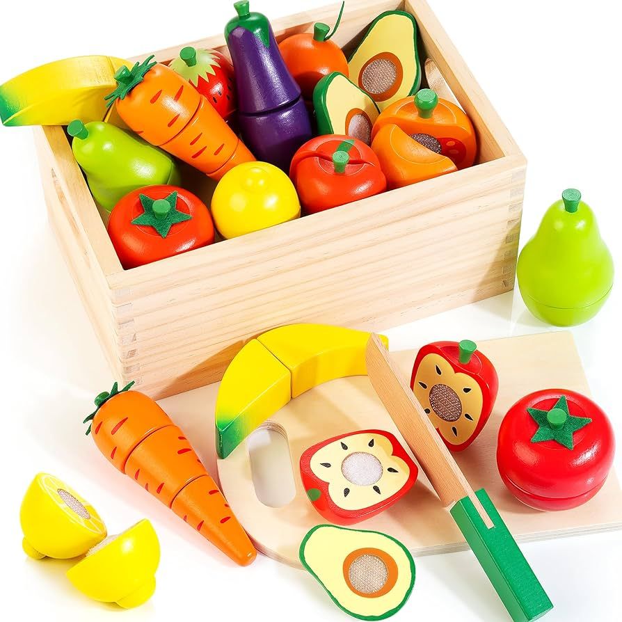 Wooden Play Food for Toddlers, Velcro Fruit and Veggies Cutting Set for Kids, Pretend Food Play K... | Amazon (US)
