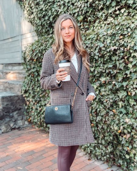 Fall-To-Winter Wardrobe Must-Have!! A cute plaid or houndstooth double-breasted coat or blazer! My coat has a mix of brown and black, so I wore it with brown faux leather leggings (a recent Amazon find I give 👍🏻👍🏻) with black boots and bag. 

#LTKSeasonal #LTKfindsunder100 #LTKover40