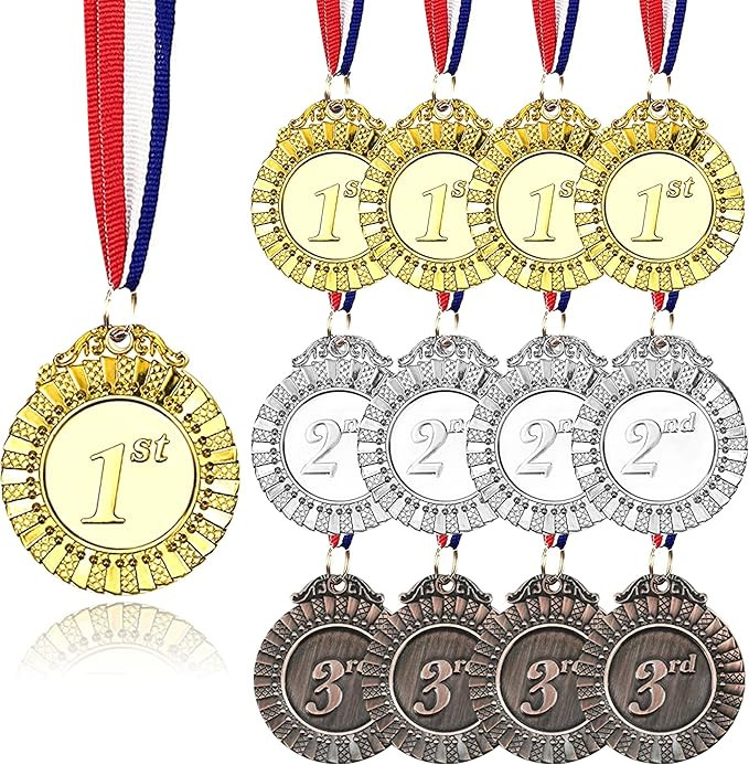 12 Pieces Metal Winner Gold Silver Bronze Award Medals with Red White Blue Neck Ribbon 2 Inch by ... | Amazon (US)