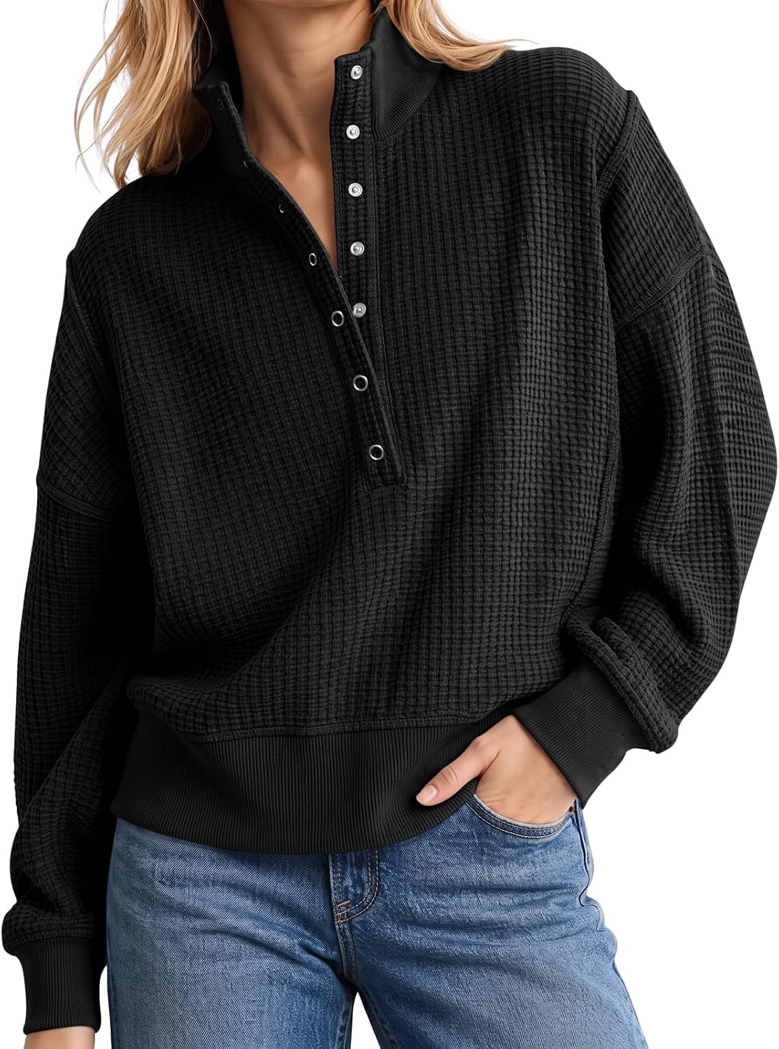 Fisoew Womens Sweatshirt Waffle Knit Oversized Button Henley Pullover Tops | Amazon (US)