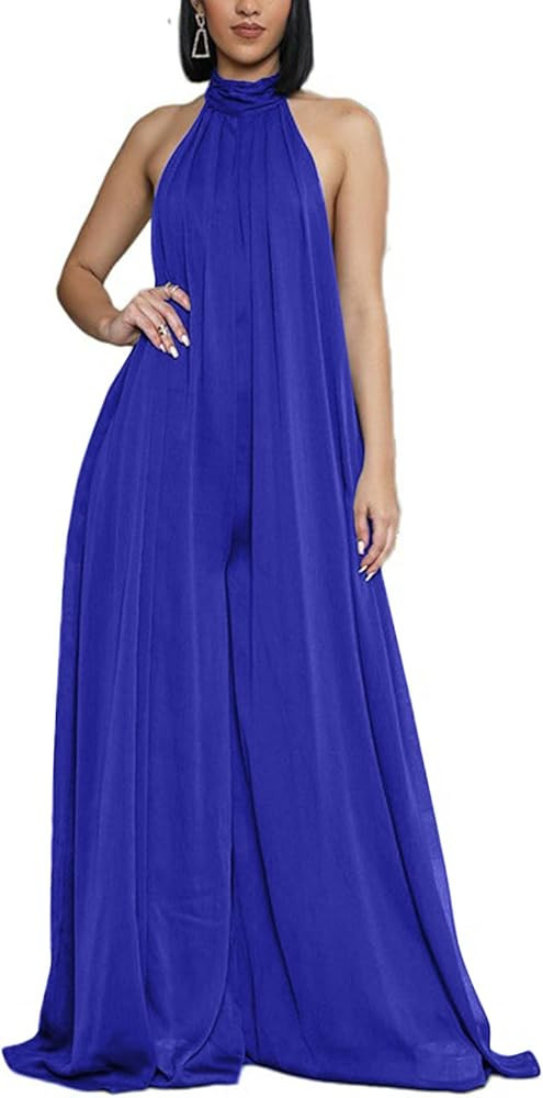 Ekaliy Women’s Sexy Summer Jumpsuit Halter Neck Sleeveless Chiffon Wide Leg Long Pant Jumpsuit ... | Amazon (US)