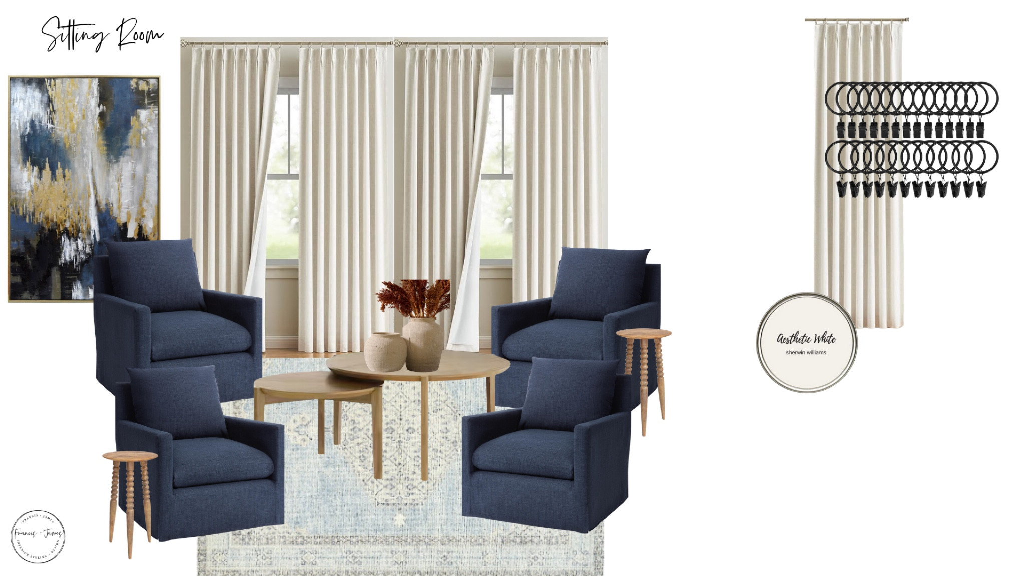 Sitting Room, cozy chair, swivel chair, comfy chair, reading chair, nesting tables, coffee tables, pinch pleat curtains, blue rug, neutral rug, coffee run, coffee, paint colors, large art, navy art, vases, fall decor, home decor, living room 

#LTKSeasonal #LTKHome #LTKFamily