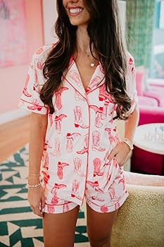 Women Cute Graphic Pajama Set Short Sleeve Button Shirt Shorts Bow Heart Print Pj Satin 2 Piece O... | Amazon (US)
