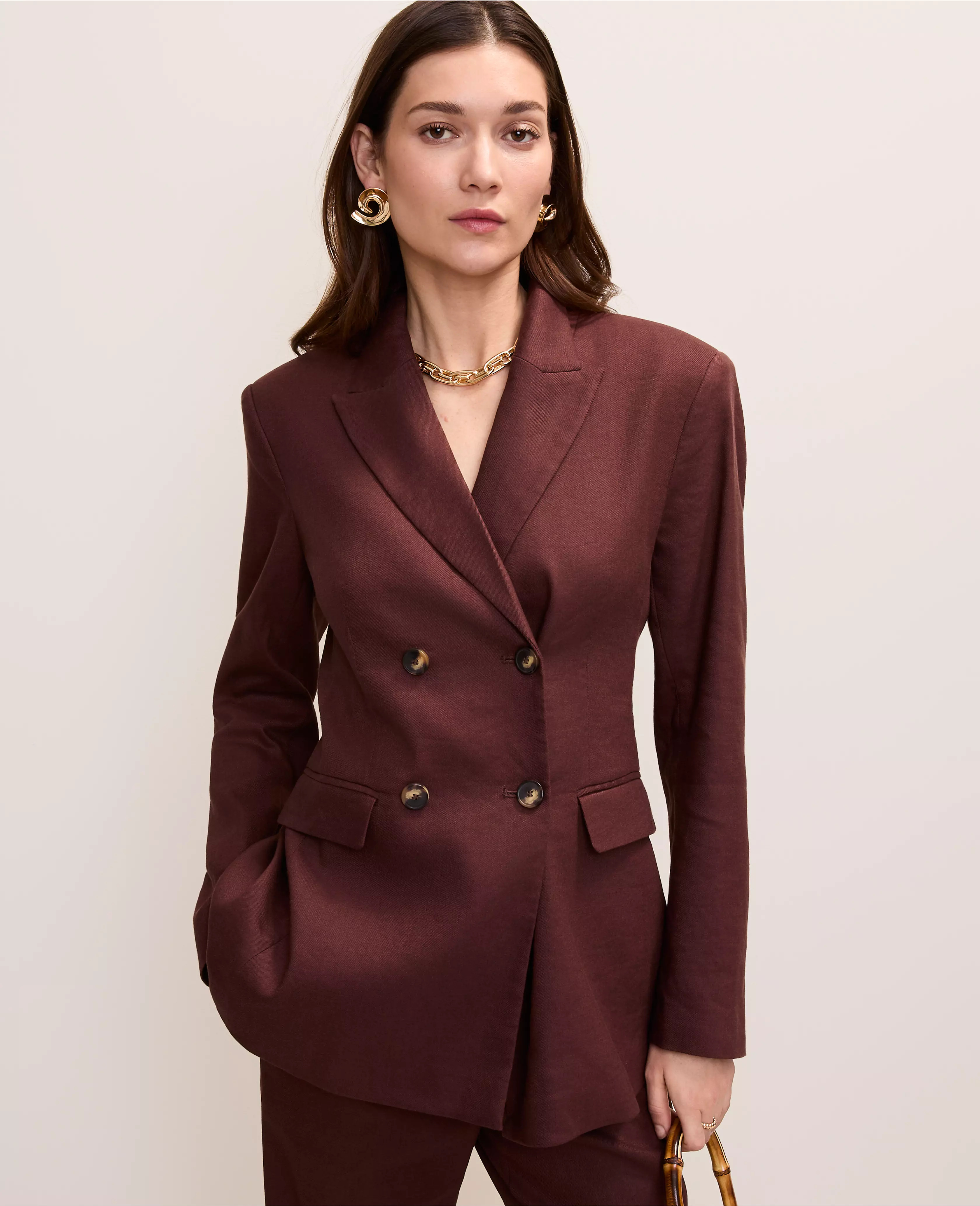 The Fitted Long Double Breasted Blazer in Linen Blend | Ann Taylor