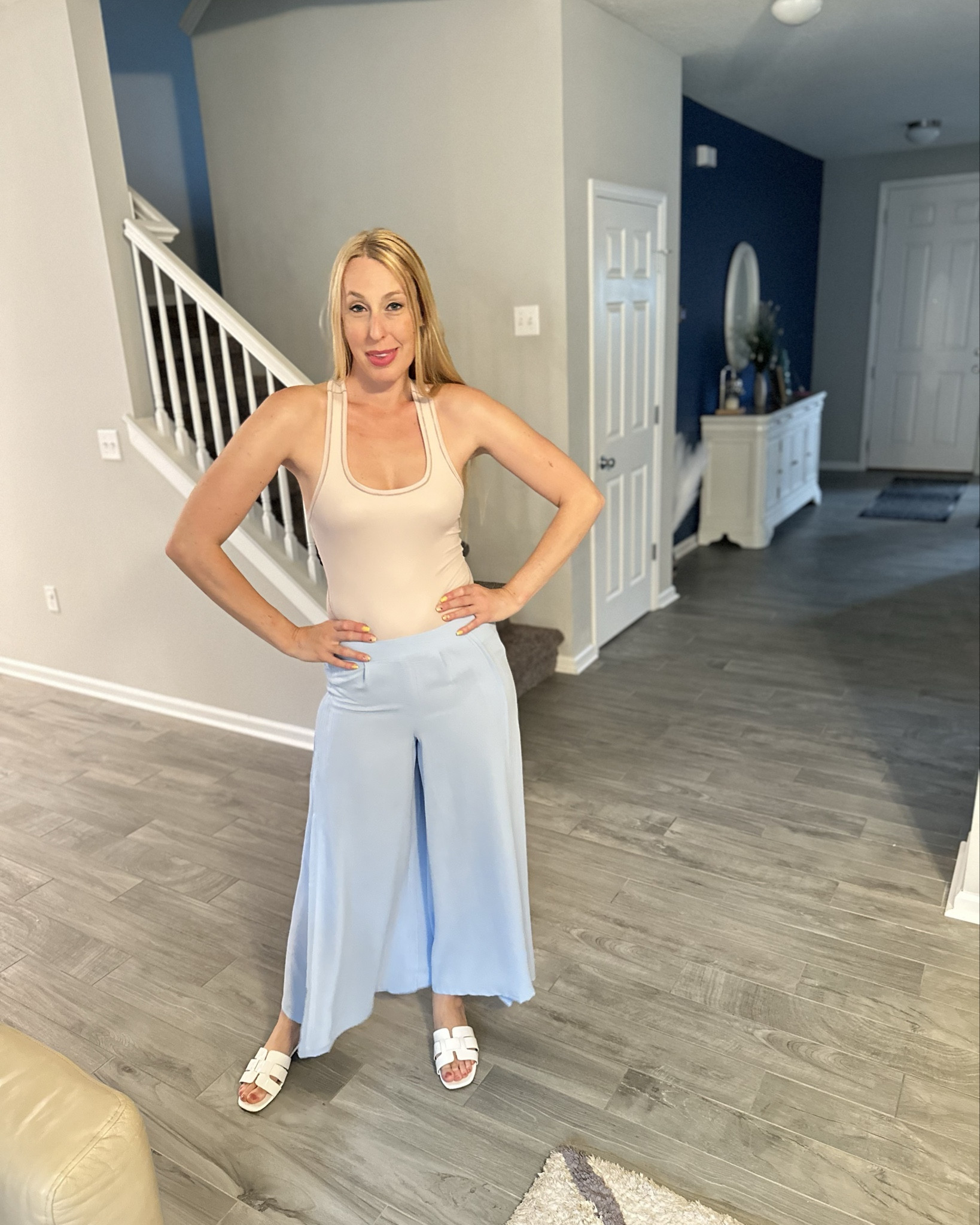 Bodysuit and open leg pants
🩵 the bodysuit is so soft and stretchy
🩵 I love the open leg pants. Nice and breezy for summer 
🩵 wearing small in both 

#LTKFindsUnder50 #LTKVideo #LTKStyleTip