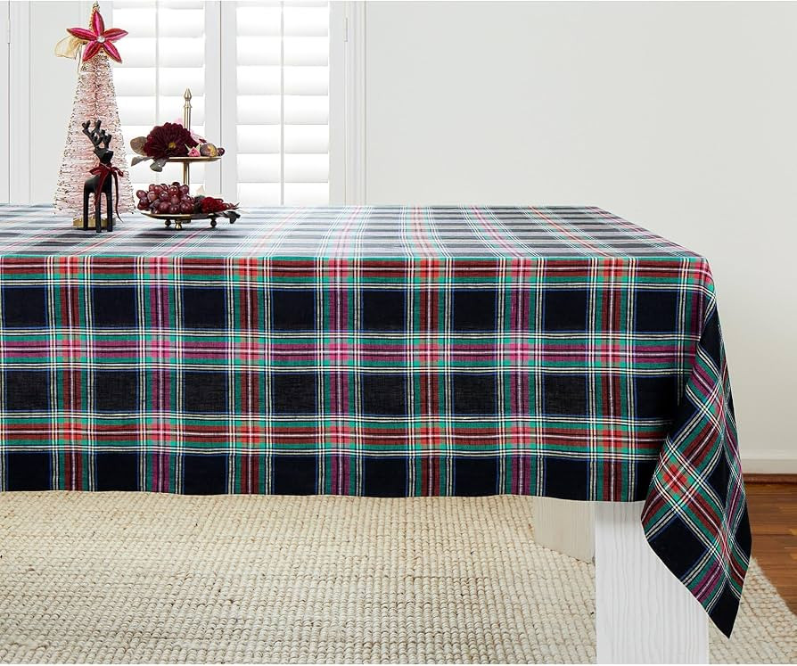 Solino Home Linen Tablecloth 60 x 120 Inch - 100% Pure Linen Black Jewel Christmas Tartan Plaid T... | Amazon (US)