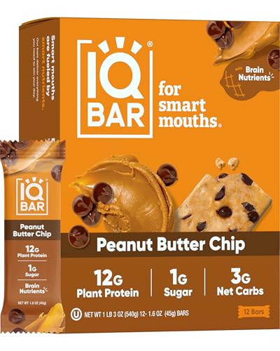 IQBAR Brain and Body Plant Protein Bars - Peanut Butter Chip - 12 Count, Low Carb, High Fiber, Gluten Free, Vegan Snacks - Low Sugar Keto Energy Bars | Amazon (US)