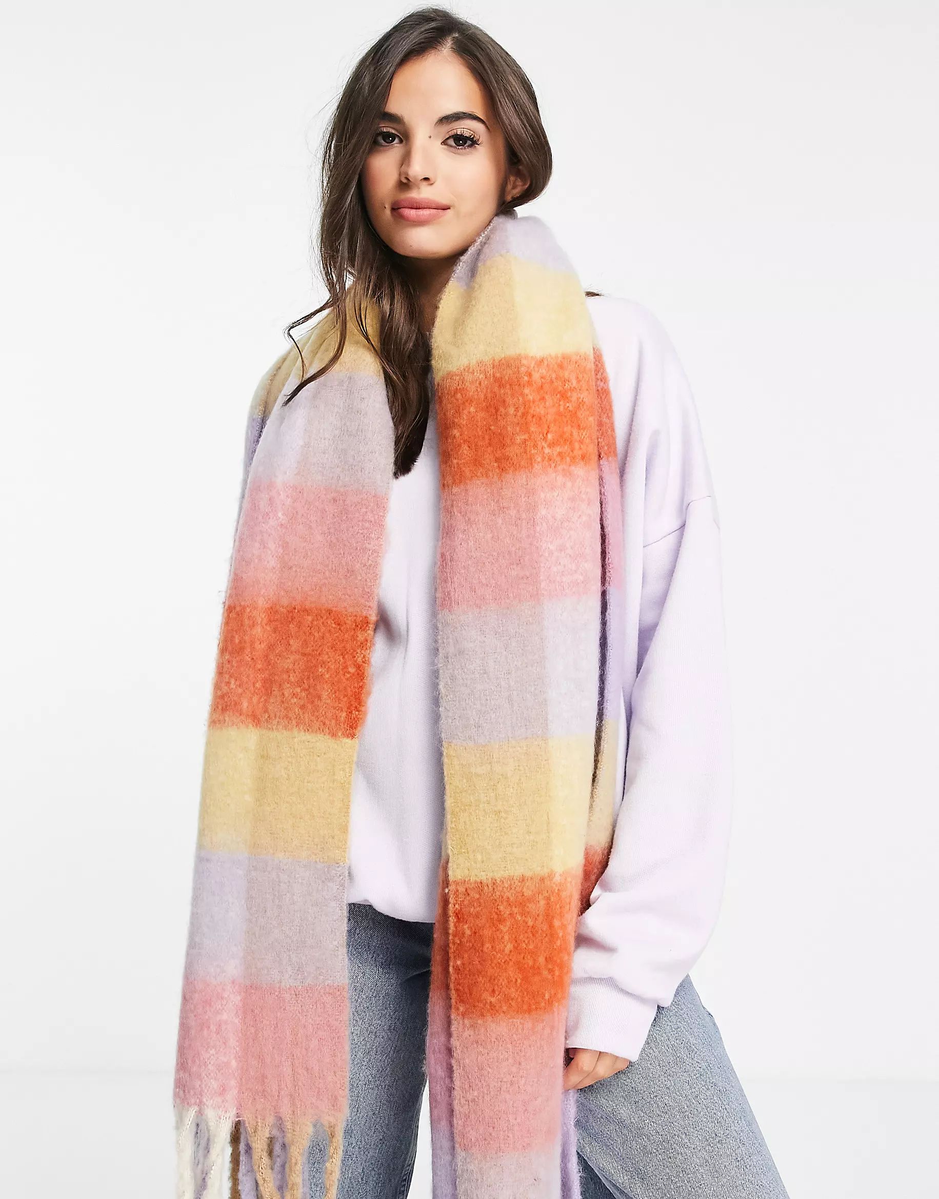 ASOS DESIGN long fluffy check scarf in multi | ASOS (Global)