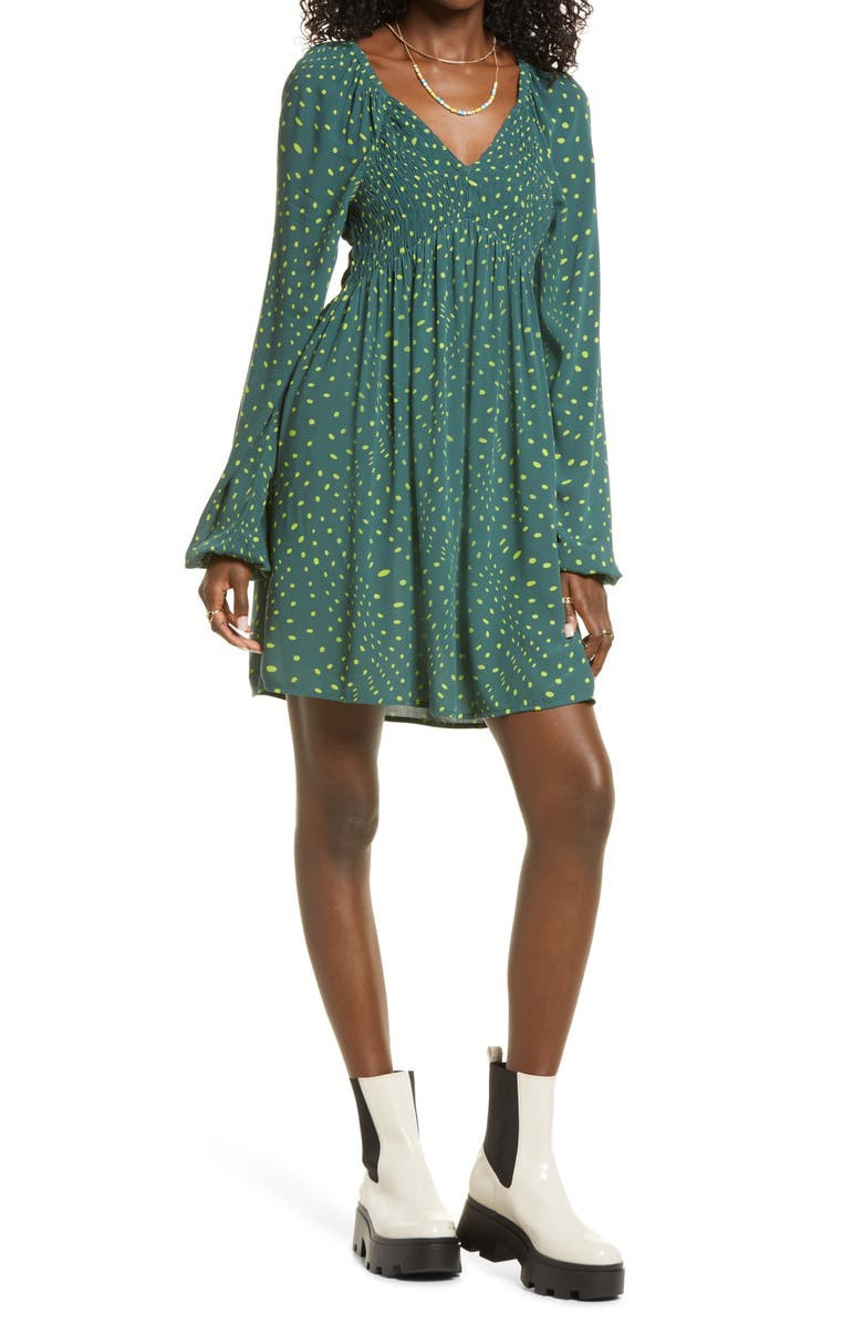 V-Neck Long Sleeve Babydoll Minidress | Nordstrom | Nordstrom