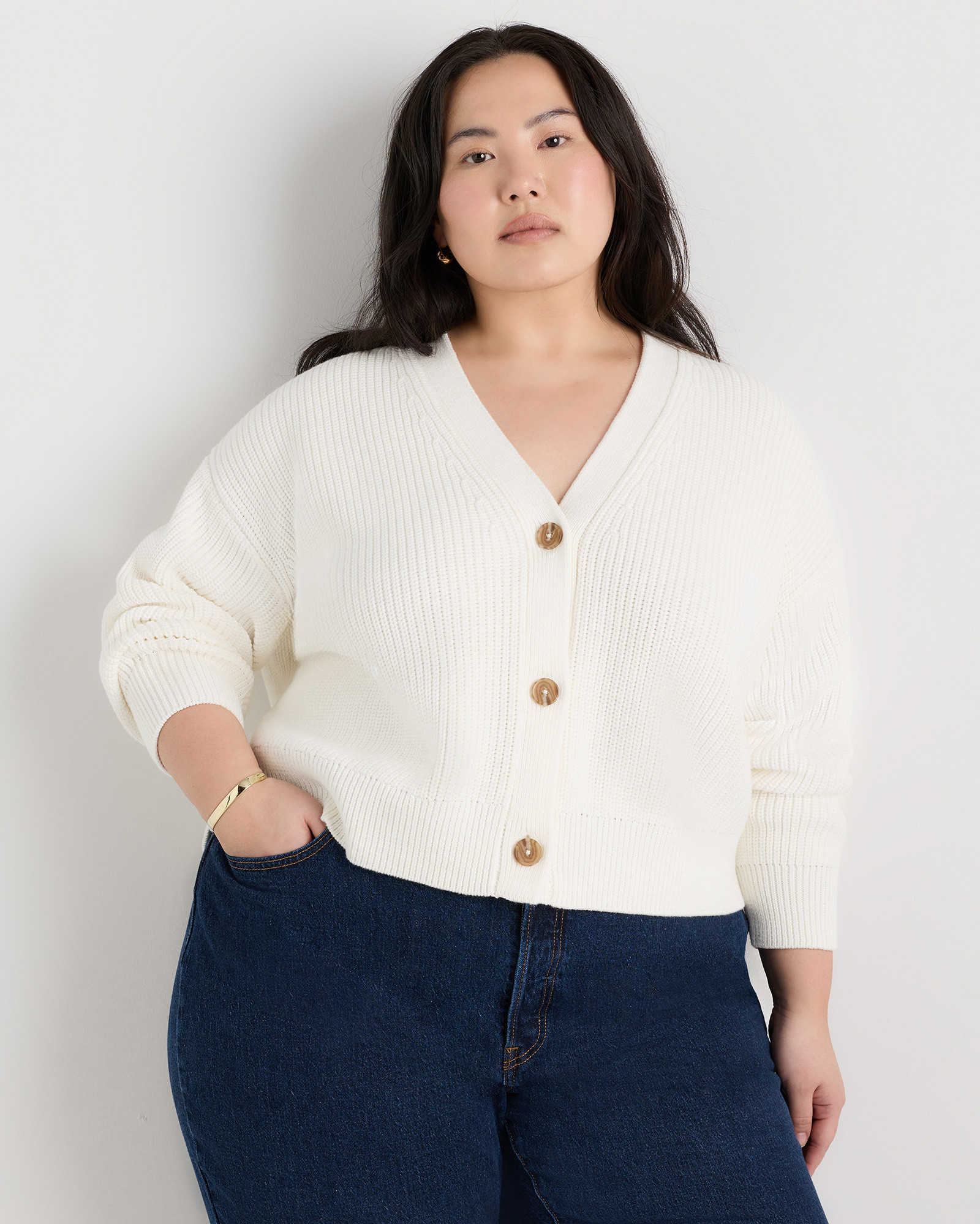 Quince | Women's Fisherman Boxy Cropped Cardigan Sweater in Ivory, Size 1X, Organic Cotton | Quince