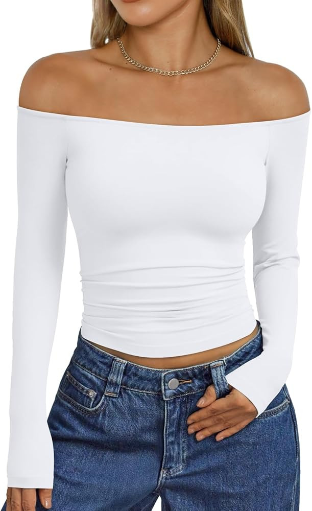 Trendy Queen Womens Long Sleeve Off The Shoulder Tops Going Out Cute Basic Y2K Fall Fashion 2025 ... | Amazon (US)
