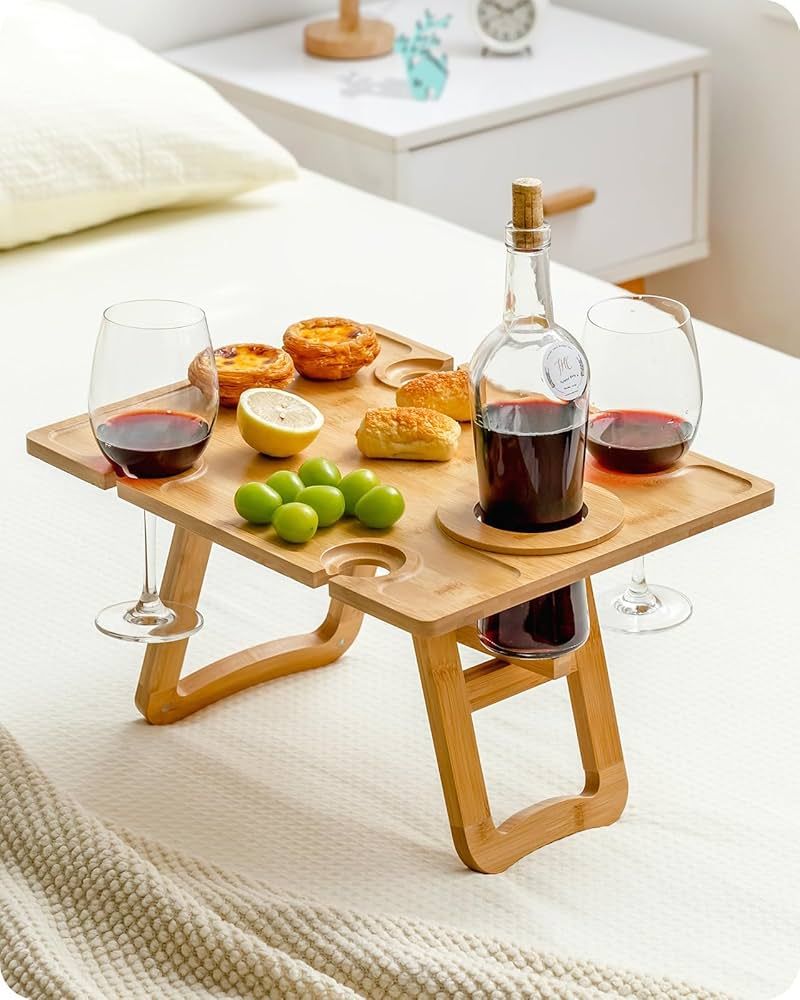 Baffect Picnic Table, Foldable Bamboo Picnic Table with 4 Wine Glass Holders, Portable Cheese and... | Amazon (US)