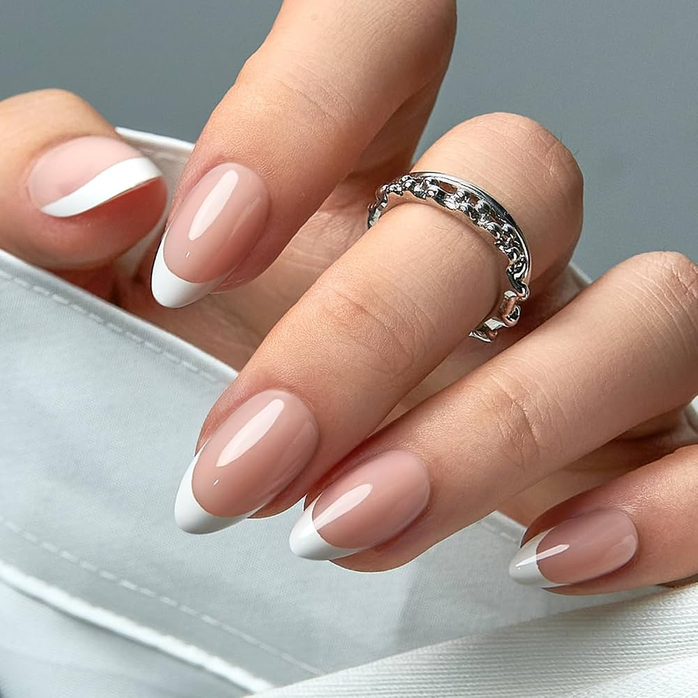 CurvLife Press On Nails Medium Almond White French Tip, Nude Pink Soft Gel Glossy Fake Nails, Reu... | Amazon (US)