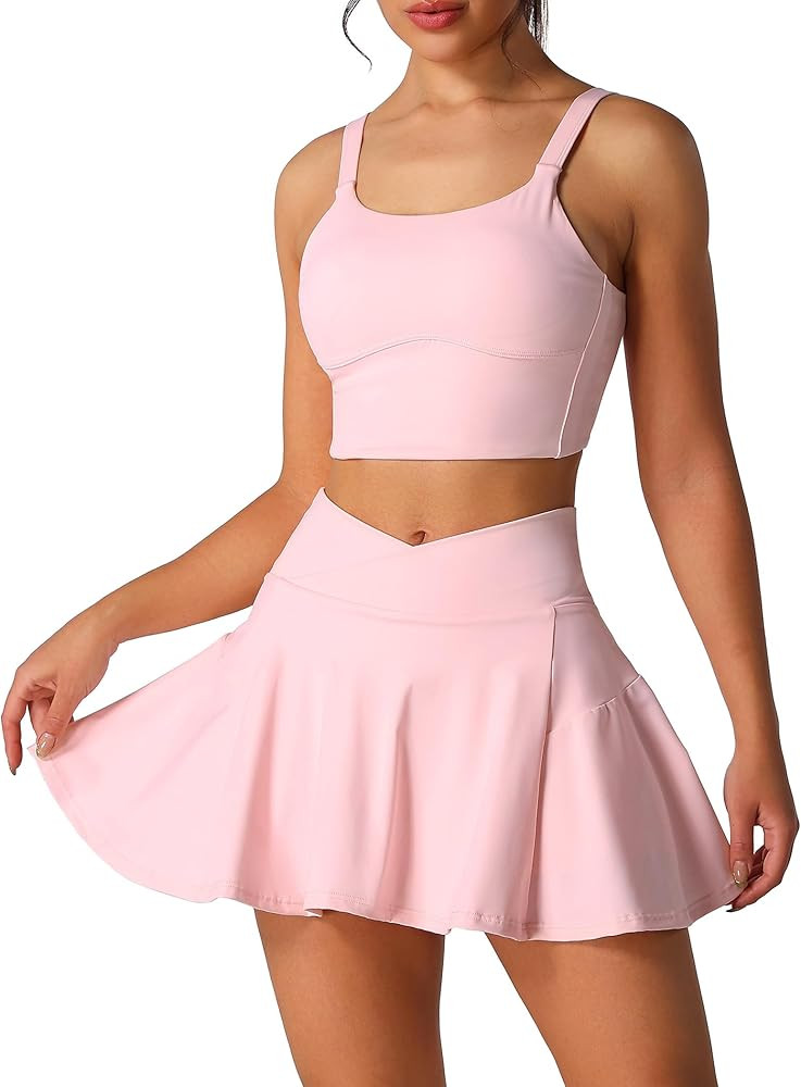 Two Piece Tennis Skirt Sets for Women High Waisted Pleated Skirt Tennis Dress Sports Bra Golf Ath... | Amazon (US)