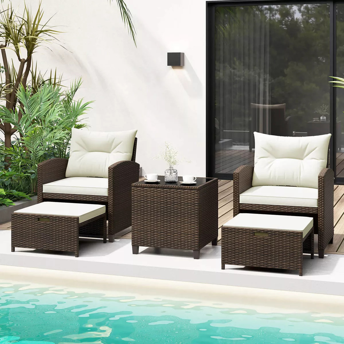 Costway 5 Piece Patio Rattan Furniture with 2 Ottomans & Tempered Glass Coffee Table Black/Off Wh... | Target