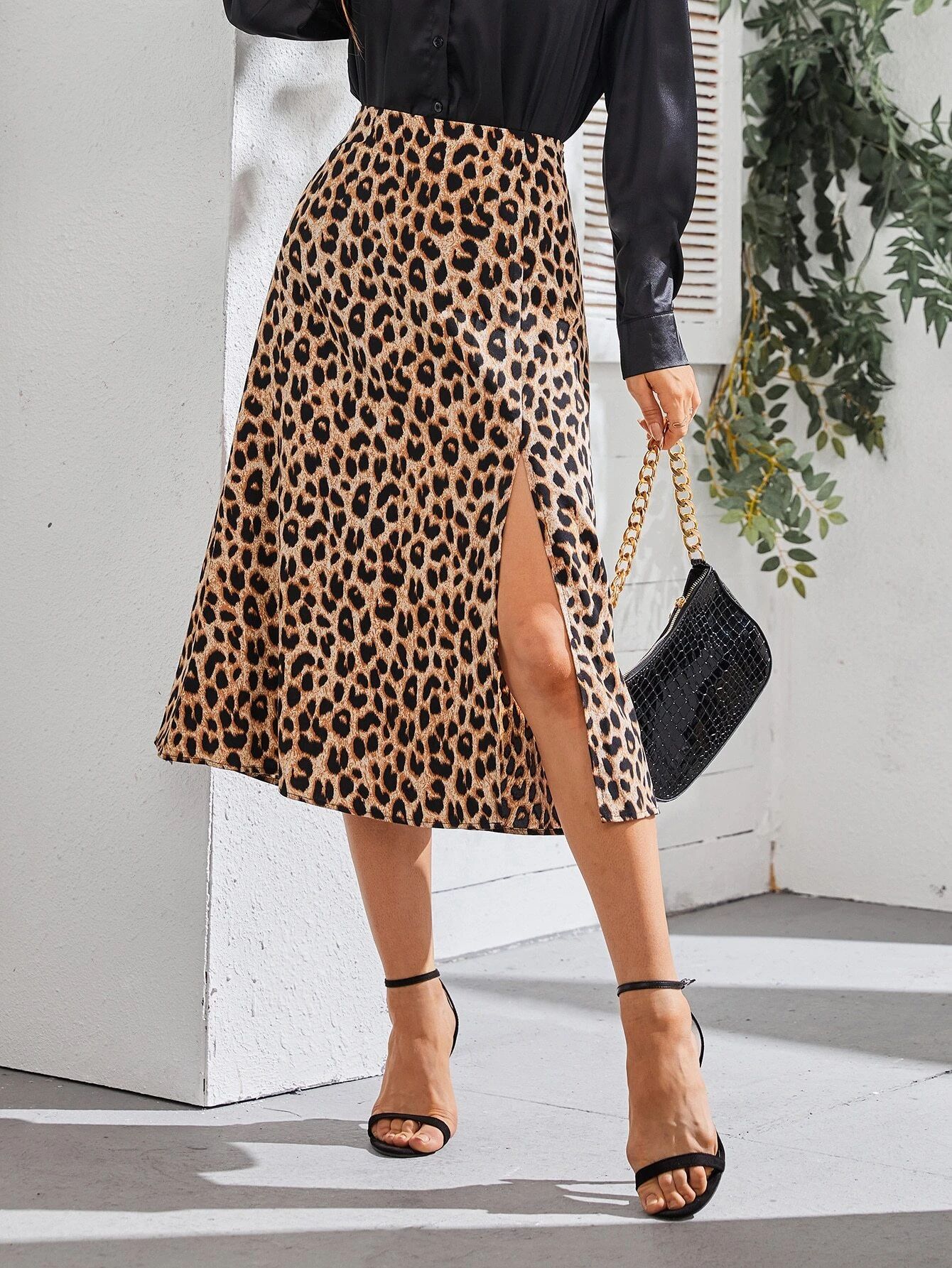 Leopard Print Split Thigh Skirt | SHEIN