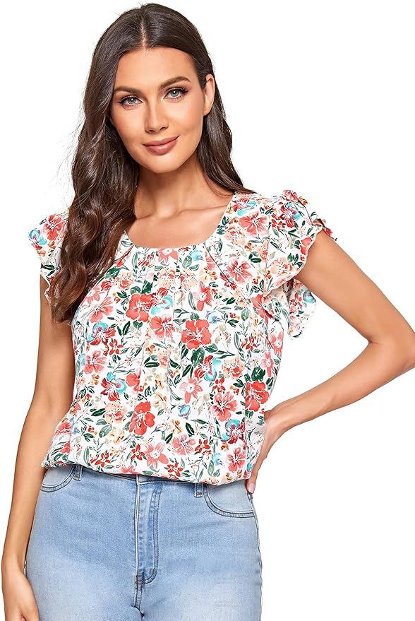 Romwe Women's Floral Ruffle Cap Sleeve Pleated Front Summer Tops Blouse Shirts | Amazon (US)