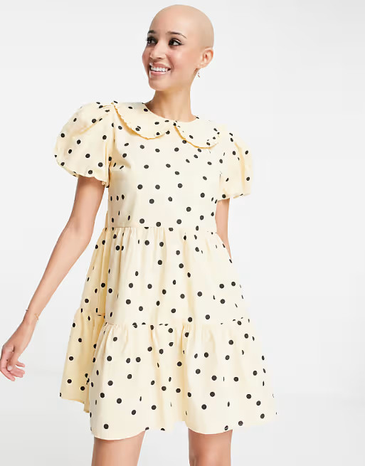 Influence cotton poplin mini dress with collar in yellow polka dot | ASOS (Global)