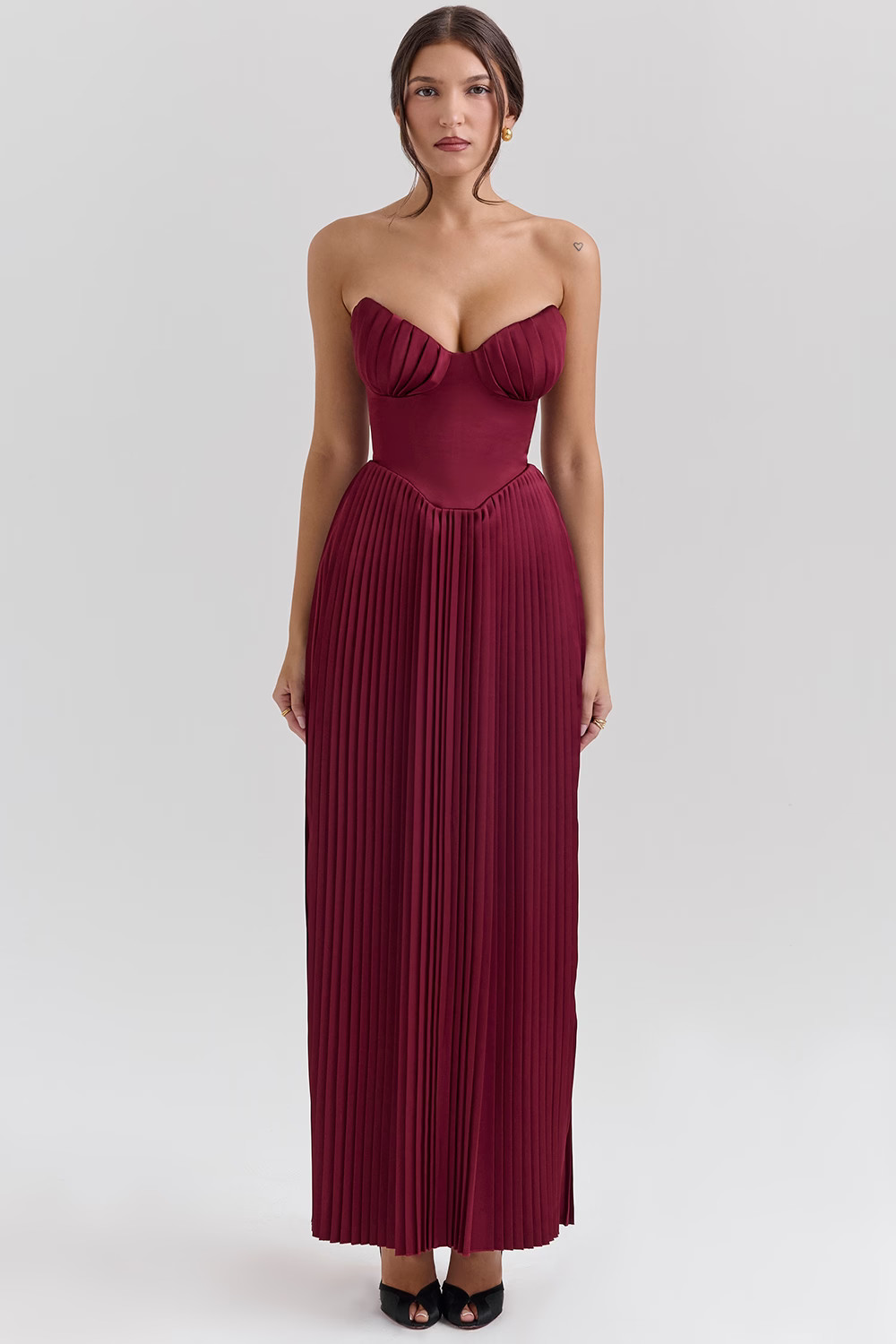 berry pleated georgette maxi dress | House of CB