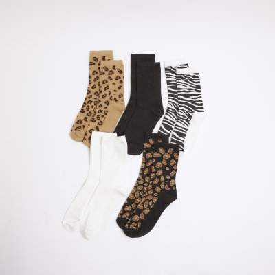 Beige Leopard Print Socks 5 pack | River Island UK & IE