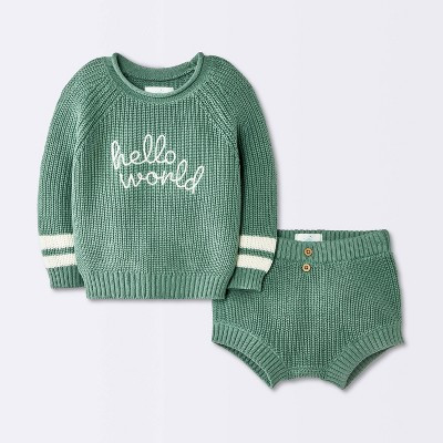Baby Boys' 2pc Hello World Embroidered Sweater Shorts Set - Cloud Island™ Green 6-9M | Target