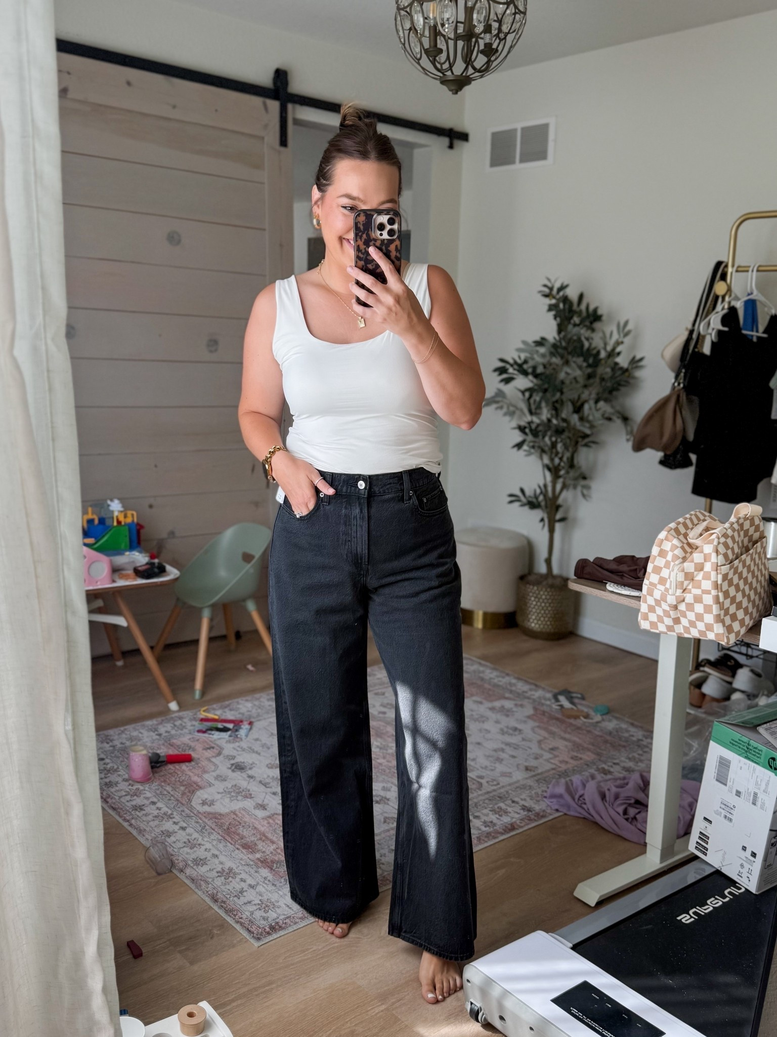 Wide leg jeans in black wash / true size (got a 30 and I’m a 30/31) - love the fit of these!! Abercrombie sale is happening now too!! Use code DENIMAF for an additional 15% off current sale through 8/11 —- midsize mom style / mom jeans / jeans sale / fall sale 