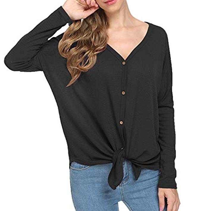 MOUEEY Womens Waffle Knit Tunic Blouse Tie Knot Henley Tops Loose Fitting Bat Wing Plain Shirts | Amazon (US)