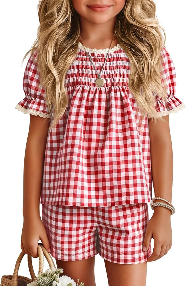 Xaatren Girls 2 Piece Gingham Outfits Puff Sleeve Shirts Shorts with Pockets Lace Trim Summer Mat... | Amazon (US)