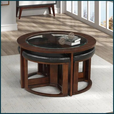 Space-Saving Contemporary Coffee Table Set with 4 Stools & Beveled Glass Top, Espresso Finish | Wayfair North America