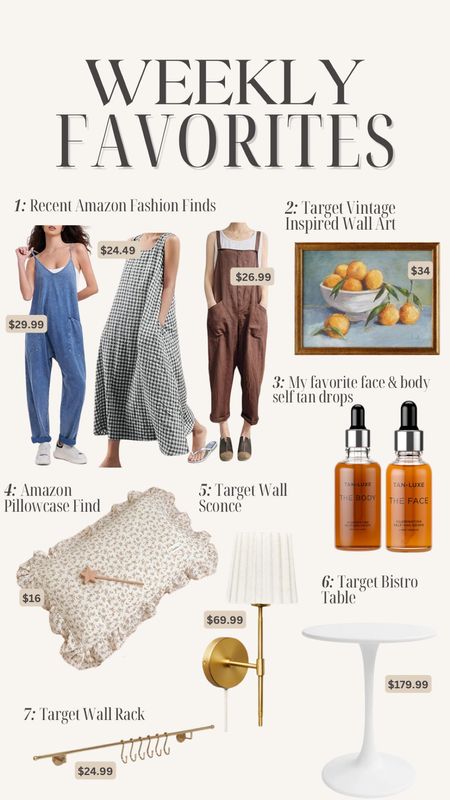 Weekly favorites! Rounding up my favorite finds this week. 

Amazon fashion finds, gingham dress, Amazon overalls, Target wall art, tan drops, ruffle pillowcase, Target wall sconce, Target bistro table, Target wall rack  

#LTKfindsunder50 #LTKhome