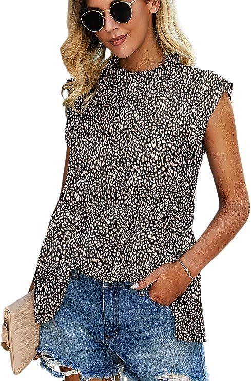 Angashion Women's Tops Casual Floral Print Cap Sleeve Ruffle Neck Loose Babydoll Shirt Blouse Tun... | Amazon (US)