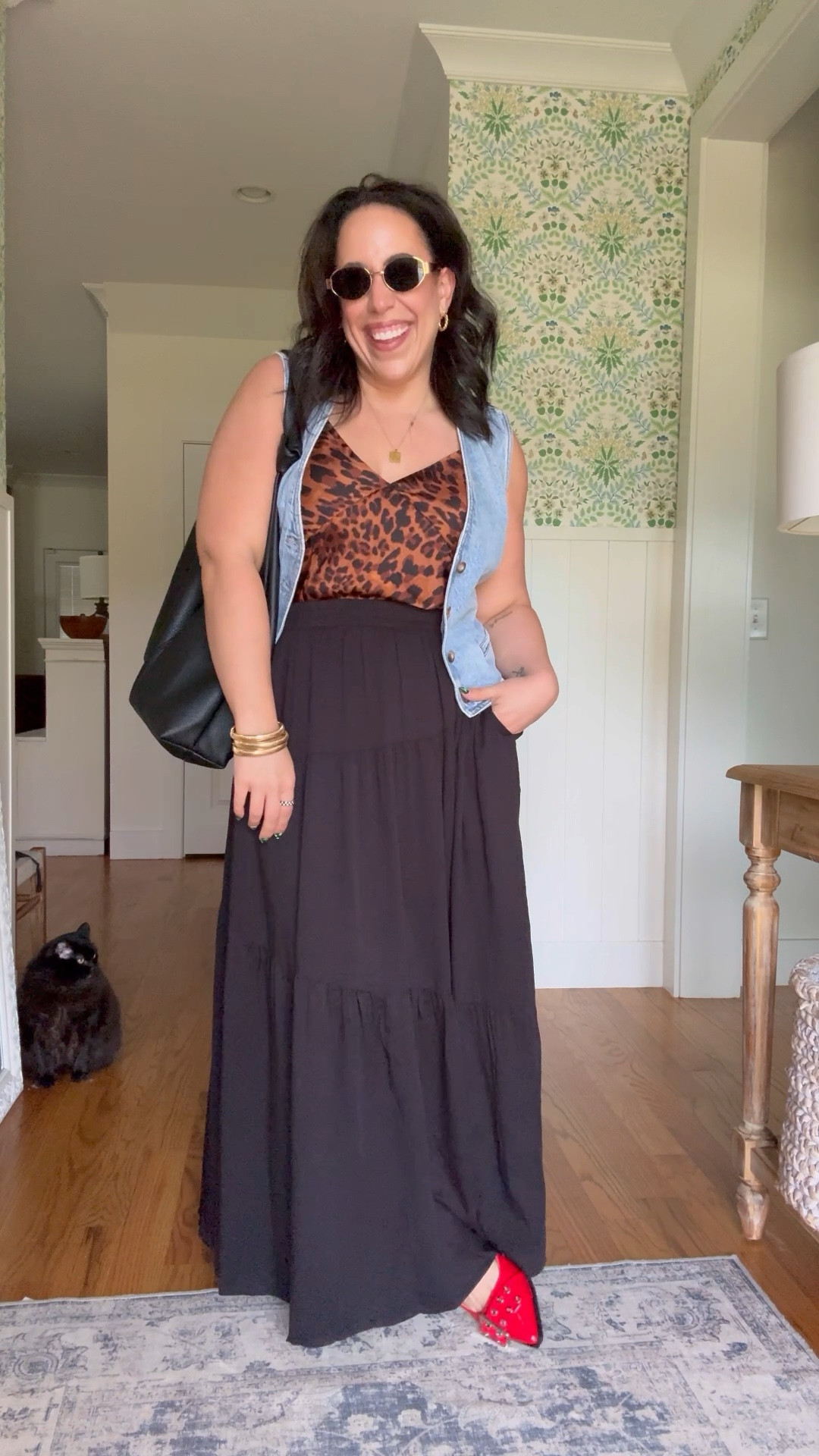 Midsize | size 12 maxi skirt outfit 
Vest: large 
Skirt: XL 
Leopard Tank: medium 

Shoes are true to size 

#LTKSeasonal #LTKMidsize #LTKFindsUnder100