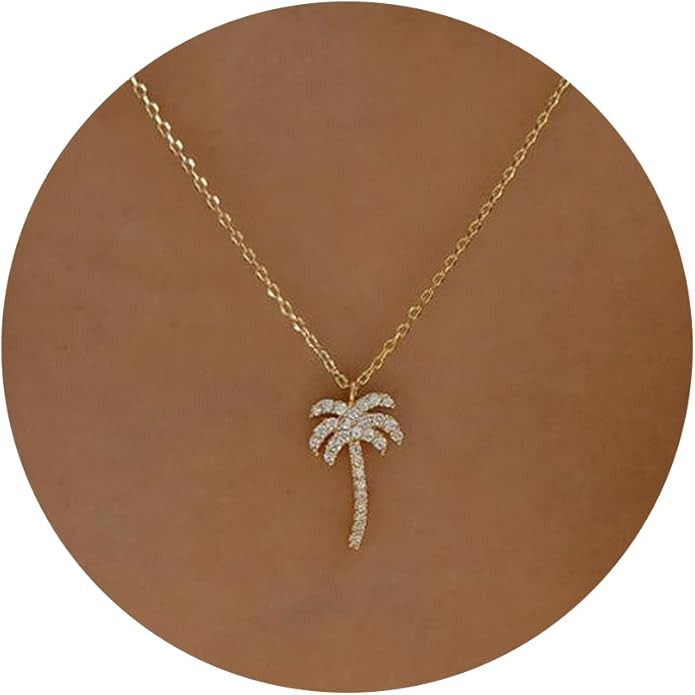 GUOKE Palm Tree Necklace - Dainty Gold Necklace 14K Gold Plated Cubic Zirconia Diamond Necklace S... | Amazon (US)