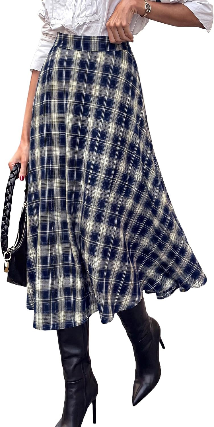 PRETTYGARDEN Women's Plaid High Waisted A-Line Midi Skirts | Amazon (US)
