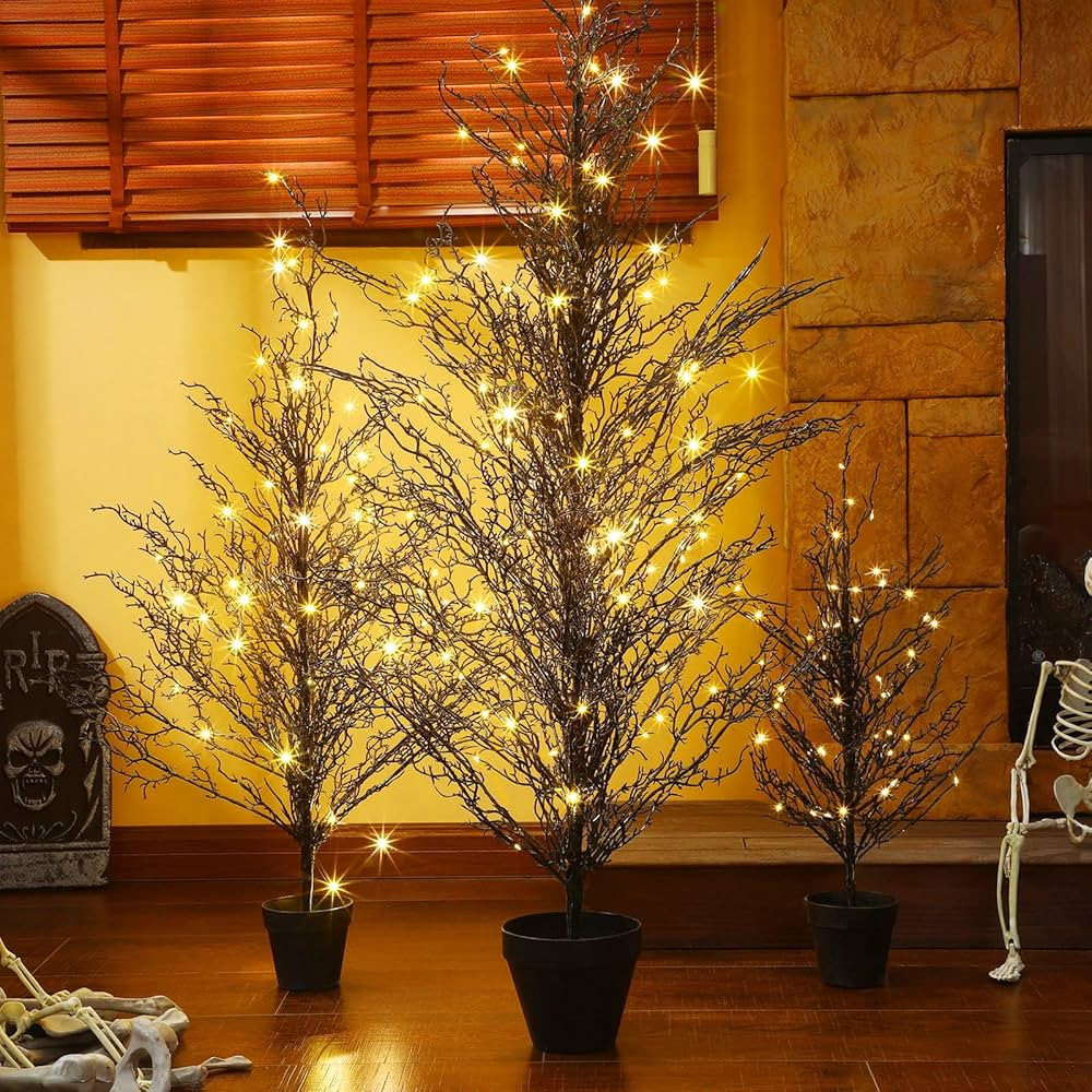 Giegxin Set of 3 Black Halloween Tree 4FT 3FT 2FT Realistic Artificial Pre-Lit Twig Birch Tree wi... | Amazon (US)