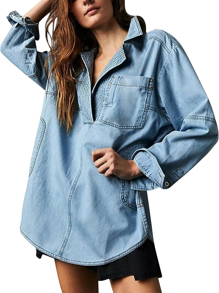 Heevina Sweatshirt For Women Denim Solid Color Lapel Pocket Curved Hem Long Sleeve Sweatshirt Fal... | Amazon (US)