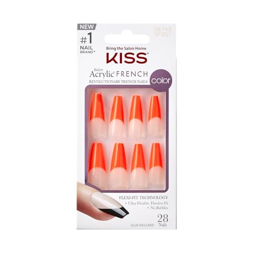 KISS Acrylic French False Nails Kit, X-Long Coffin Shape Design Nail, Orange Color French Tip Nails, Ready to Wear Gel & Manicure Stick included, Long-Lasting Convenient & Easy to Apply | Amazon (US)