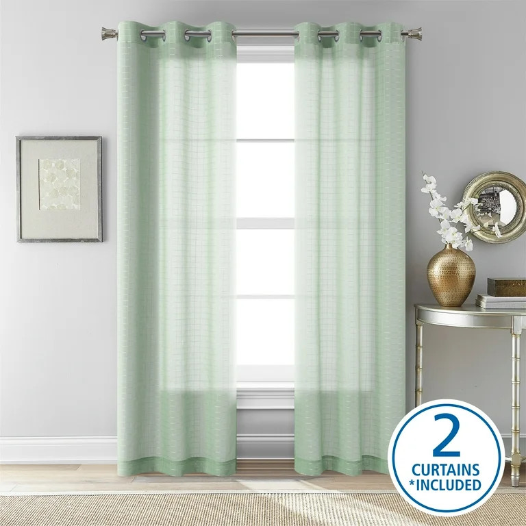 Mainstays Windowpane Sheer Curtain Panel Pair, Set of 2, Soft Sea, 38" W x 84" L - Walmart.com | Walmart (US)