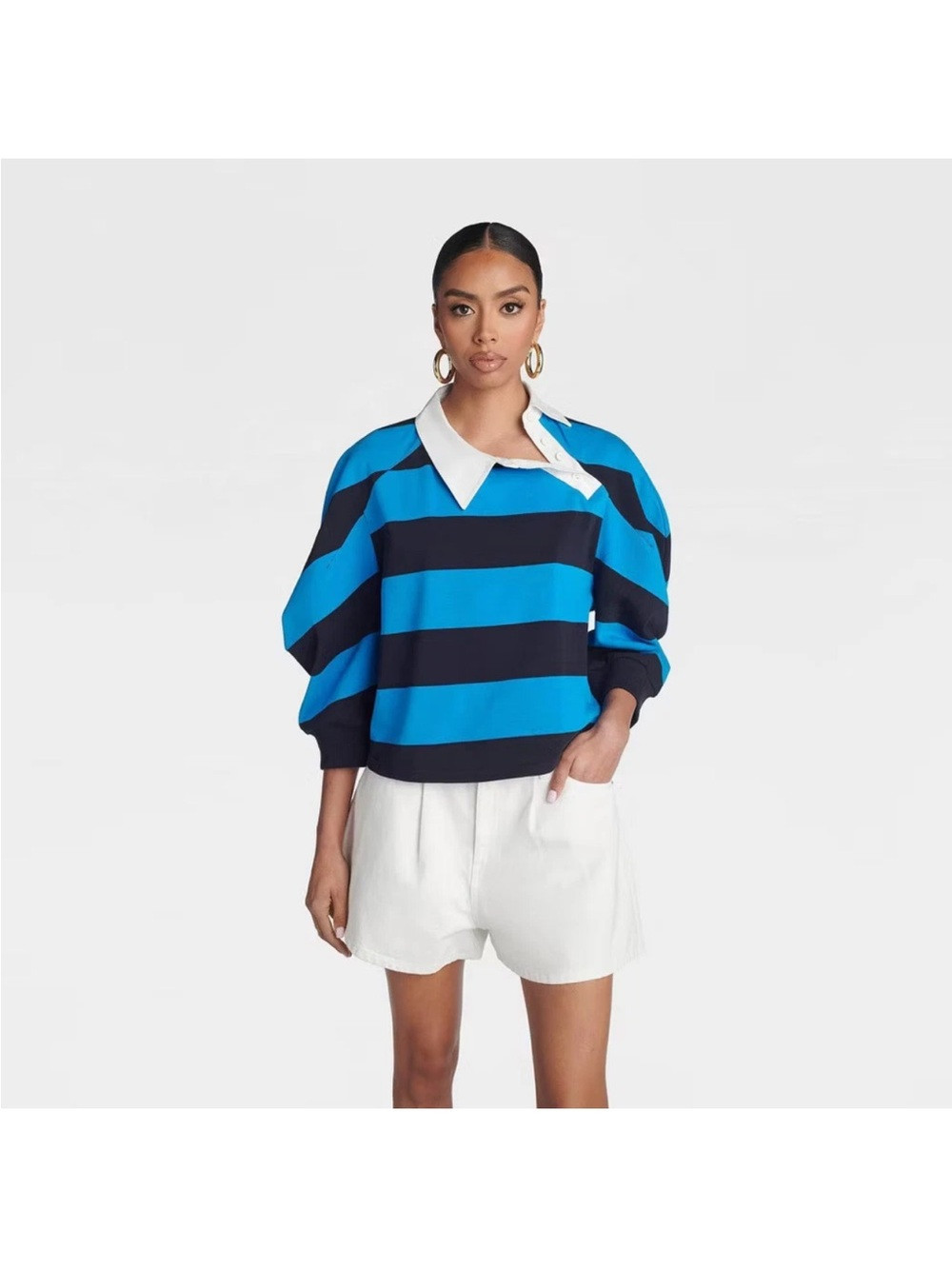 KBB by Kahlana Striped Crewneck Rugby Blue & Navy Striped Polo-Style Puff Sleeve | Poshmark