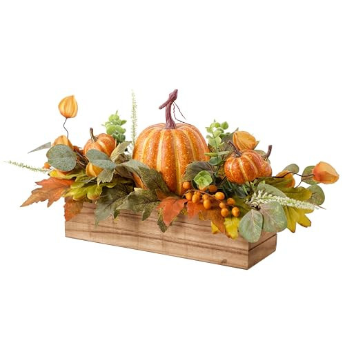 FLOROAD Fall Decor - Faux Pumpkins & Maple Leaves in Wood Box for Table Centerpiece, Shelf, Mantel, Window Sill Decor - Autumn Thanksgiving Arrangement for Home Indoor Outdoor - 14 inch | Amazon (US)