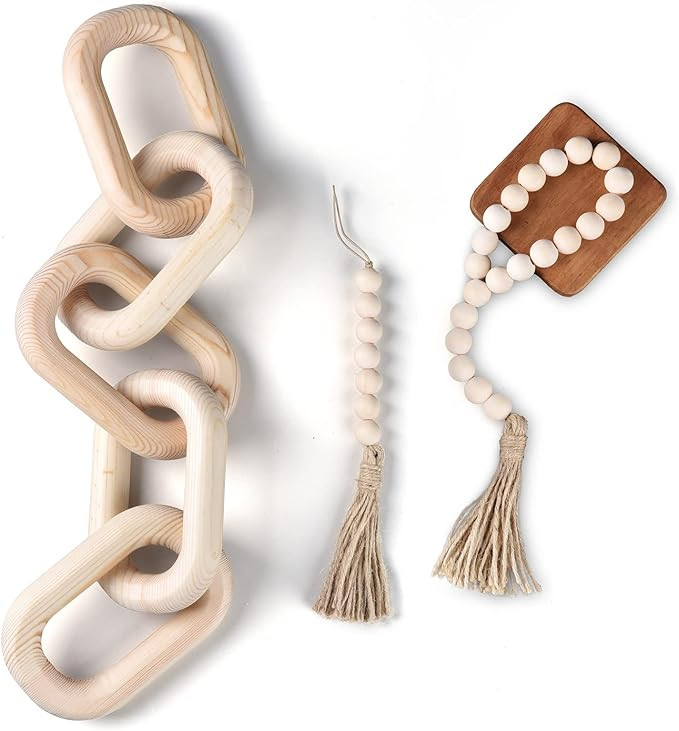 3 Pieces Wood Chain Link and Bead Garland Set, Hand Carved Pine Wood Chain Decor, Decoration Set ... | Amazon (US)