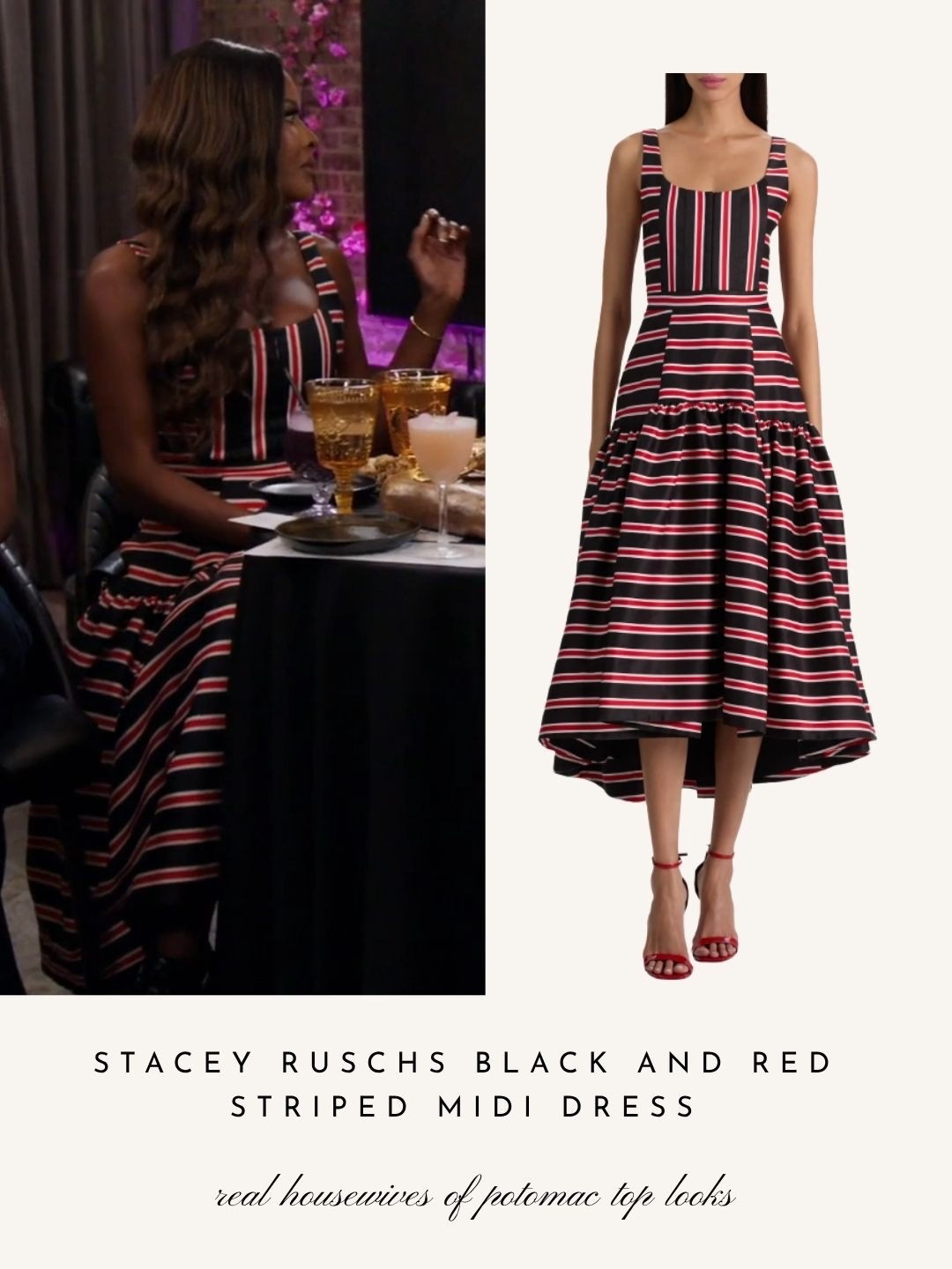 Stacey Rusch’s Black and Red Striped Midi Dress